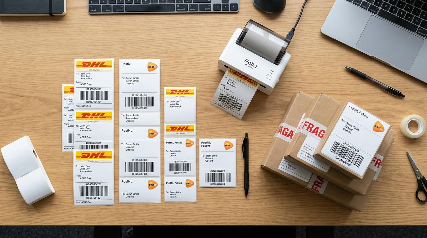 Verzendlabels en pakketten op bureau